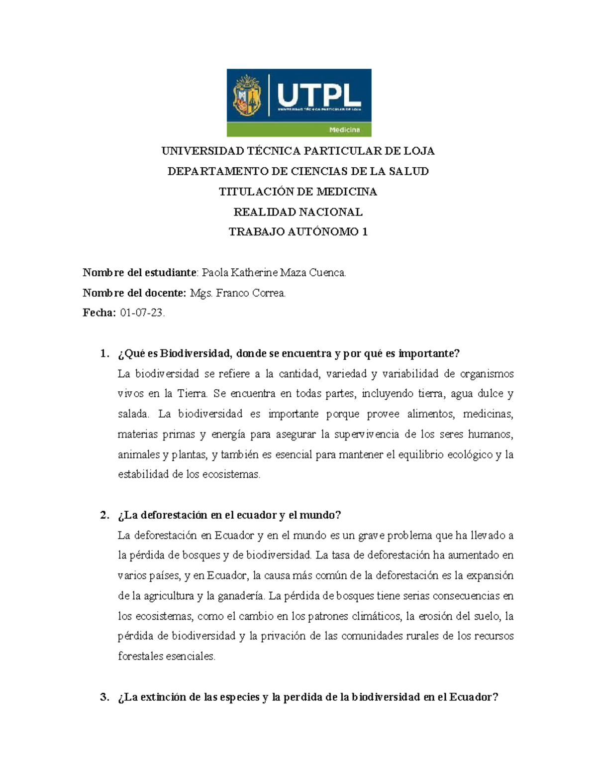Taller 1 2B - UNIVERSIDAD TÉCNICA PARTICULAR DE LOJA DEPARTAMENTO DE ...