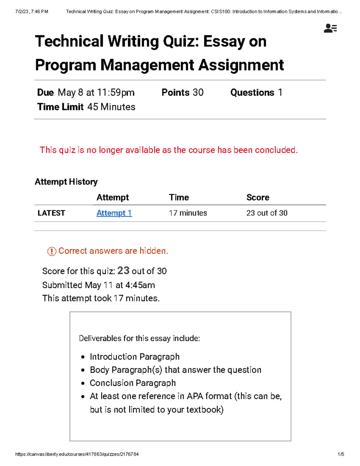 technical writing quiz essay on program management assignment