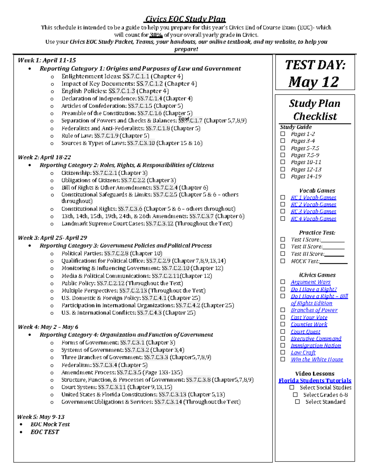 Civics Eoc Review Packet Civics EOC Study Plan This Schedule Is Civics Eoc Review Packet Civics EOC Study Plan This Schedule Is