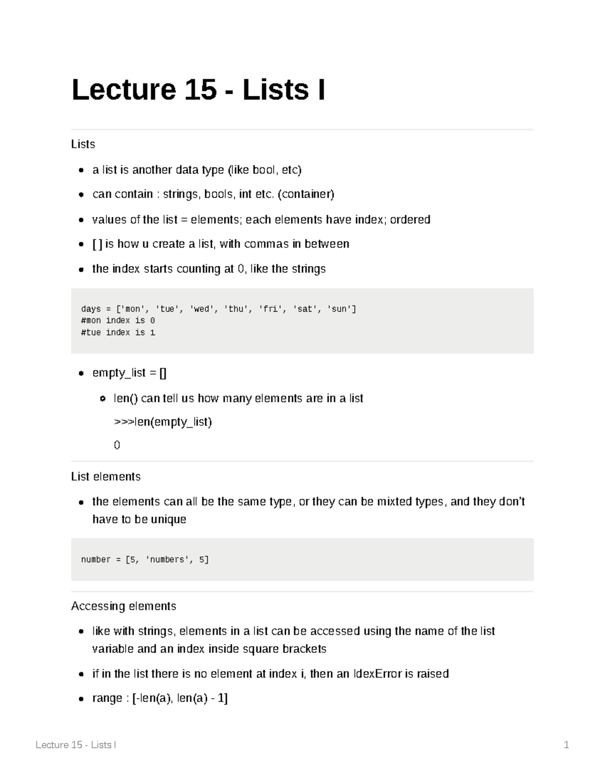 Lecture 15 Lists I container Values Of The List Elements Each