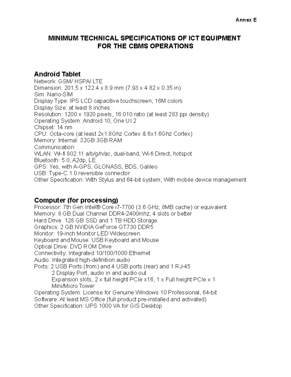 Annex E - Minimum Technical Specifications of ICT Equipment - Annex E ...