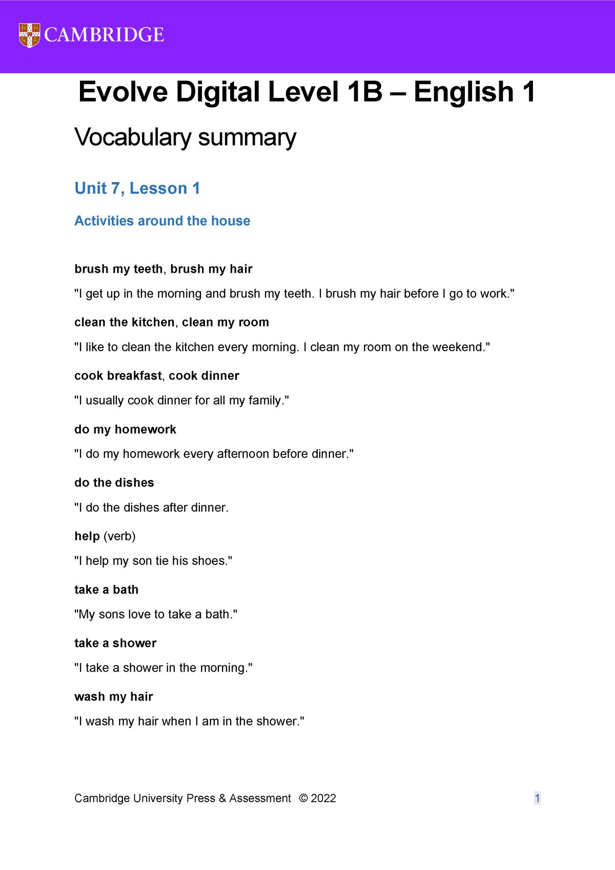 Unit 7 - E1 - Vocabulary - Vocabulario - Cambridge University Press ...