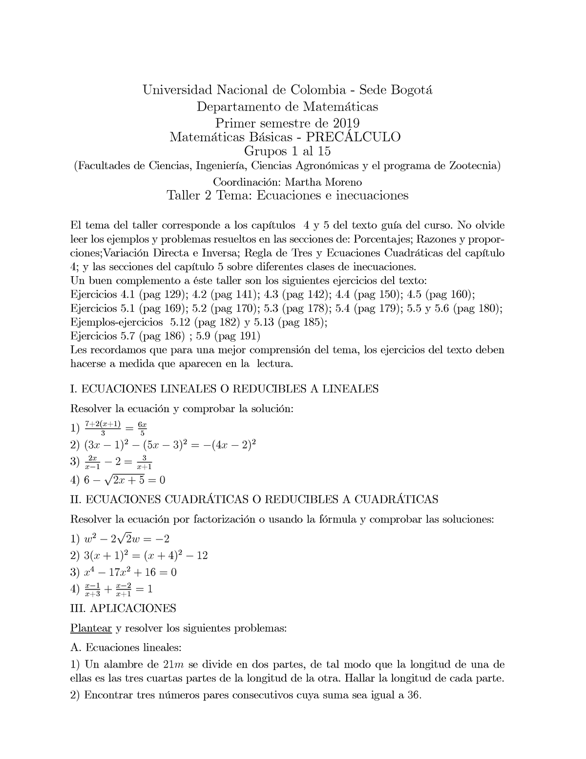 Taller 2 Precalculo I - Material Para Práctica - Universidad Nacional ...