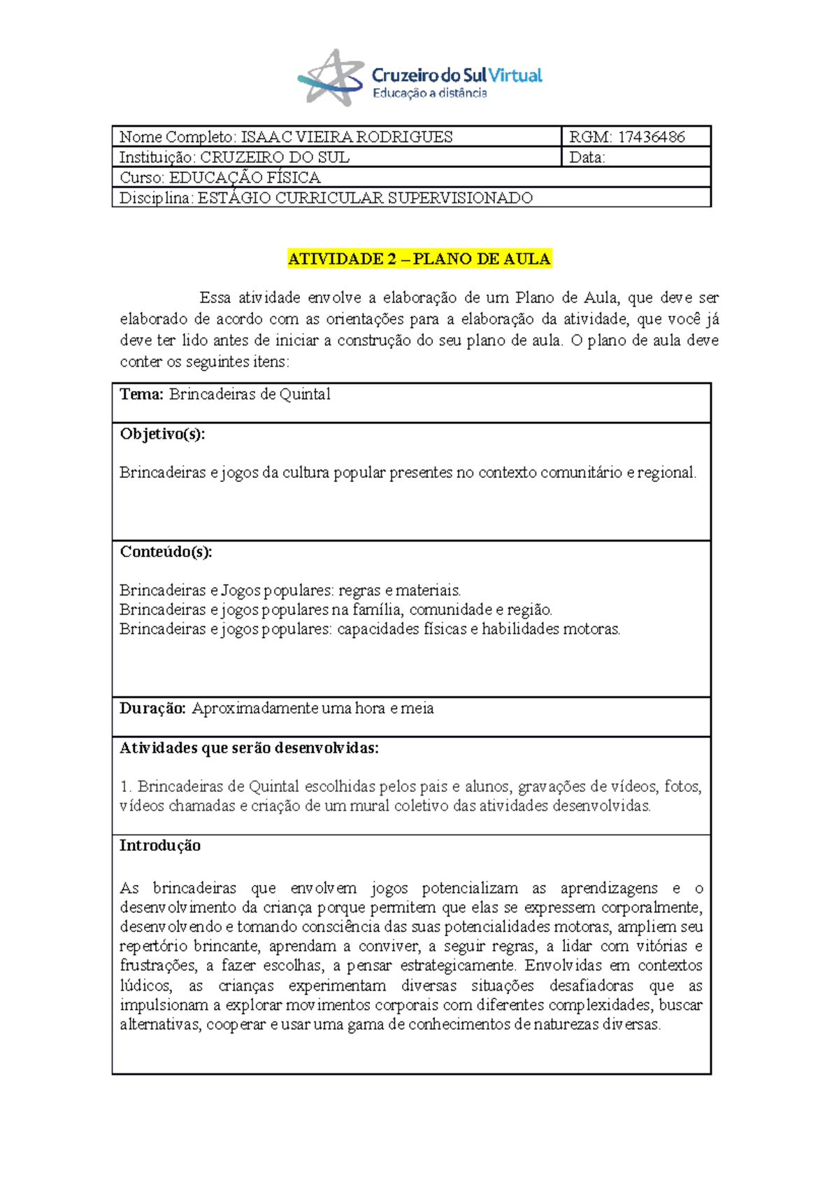 ATIVIDADES DE EDUCAÇÃO FISICA - Estágios Vivenciais