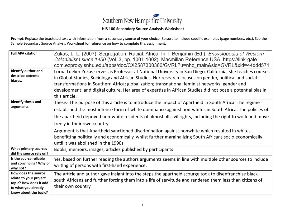 22-22 activity HIS 22 Secondary Source Analysis Worksheet (22 Pertaining To Primary And Secondary Sources Worksheet