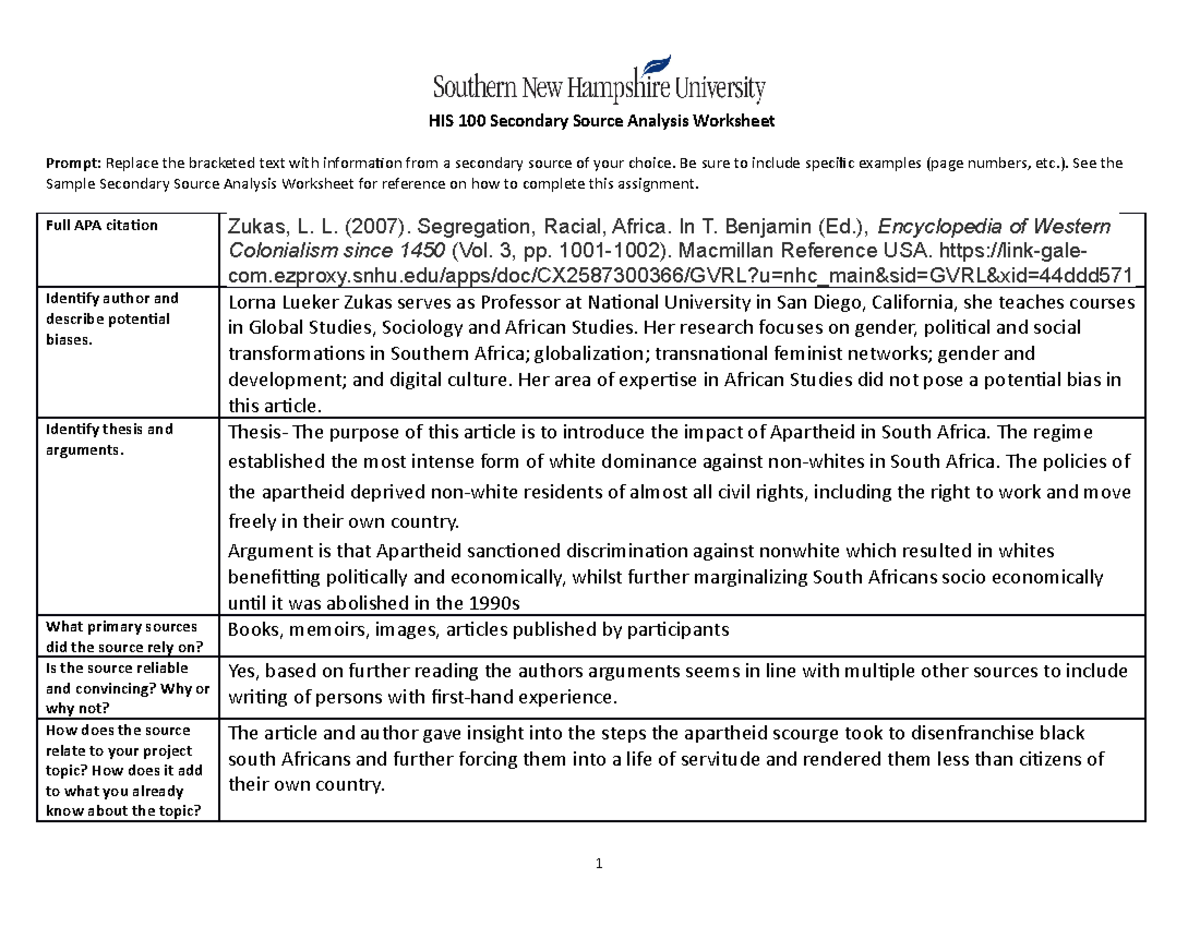 22-22 activity HIS 22 Secondary Source Analysis Worksheet (22 Pertaining To Primary And Secondary Sources Worksheet