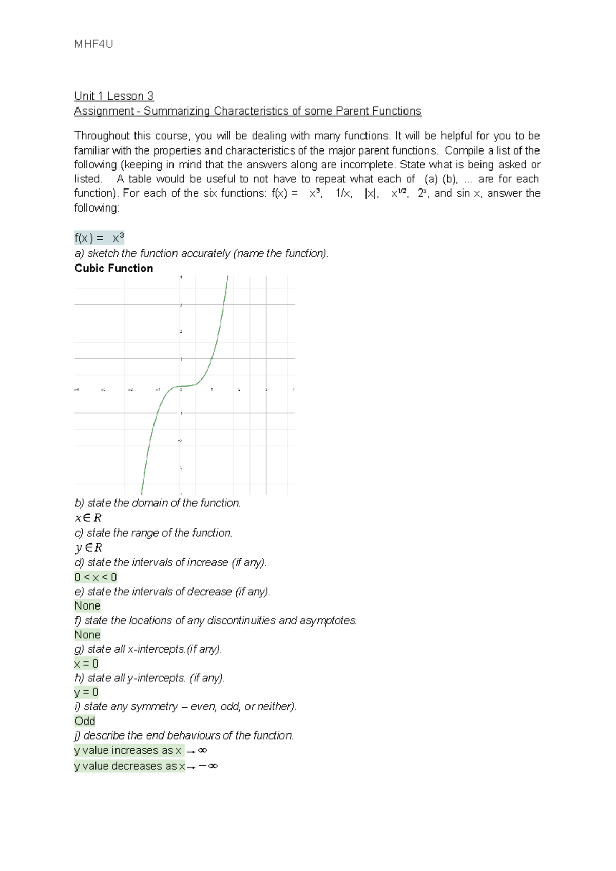 Unit 1 Lesson 3 - Parent Functions Assignment - Unit 1 Lesson 3 ...