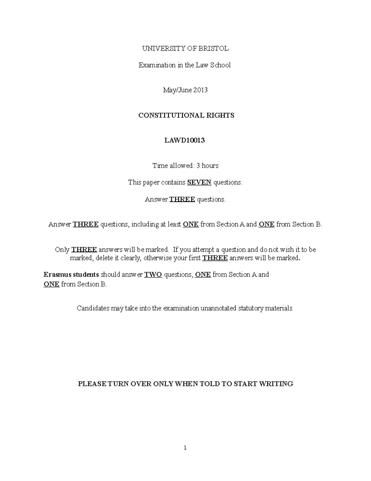 Constitutional Rights Exam Paper 2012/13 - UNIVERSITY OF BRISTOL ...