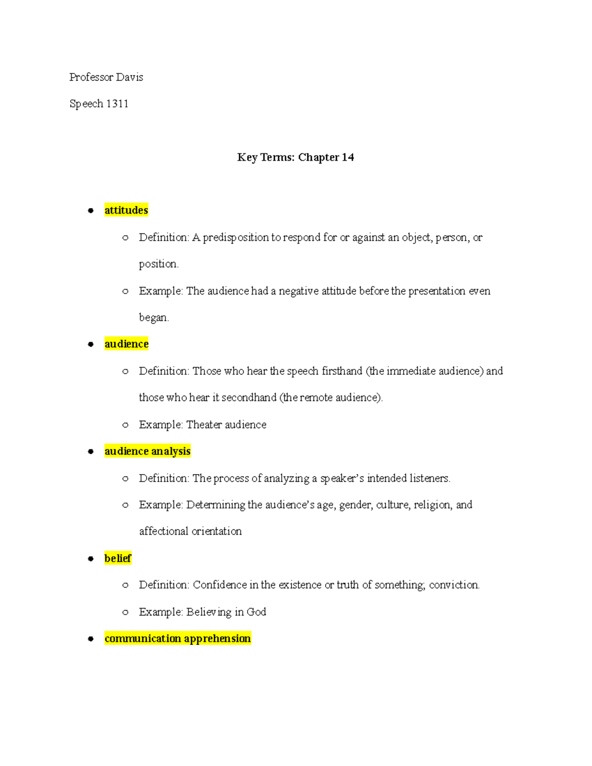 Key Terms Chapter 14 - Professor Davis Speech 1311 Key Terms: Chapter ...