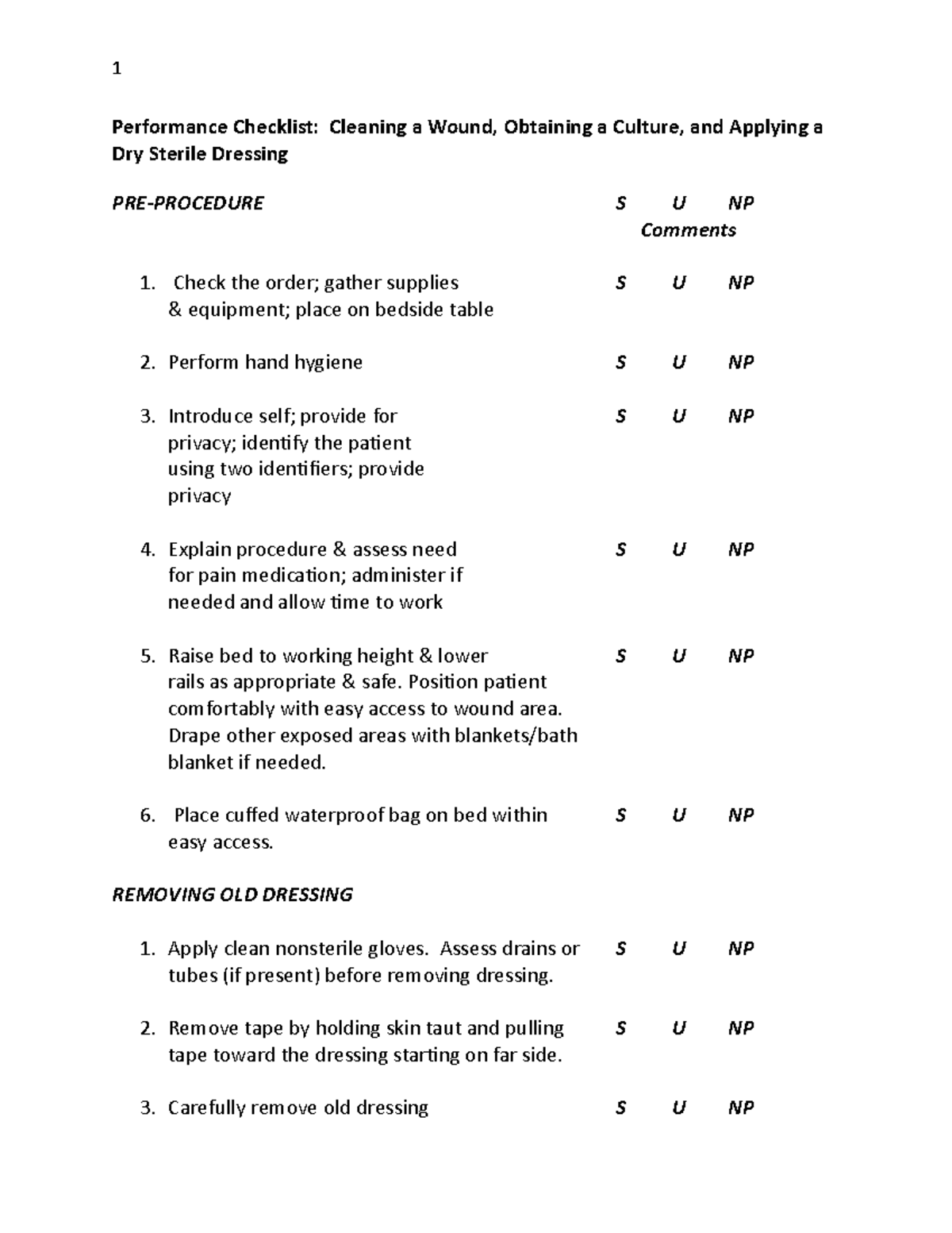 Checkoff sterile dressing - Performance Checklist: Cleaning a Wound ...