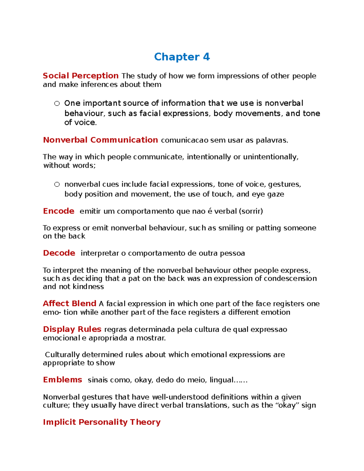 Chapter 4 Social Psychology Notes - Chapter 4 Social Perception The ...