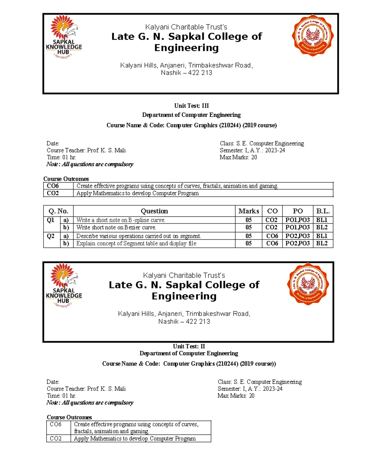 Class test - III CG 2023-24Sem-I - Kalyani Charitable Trust’s Late G. N ...