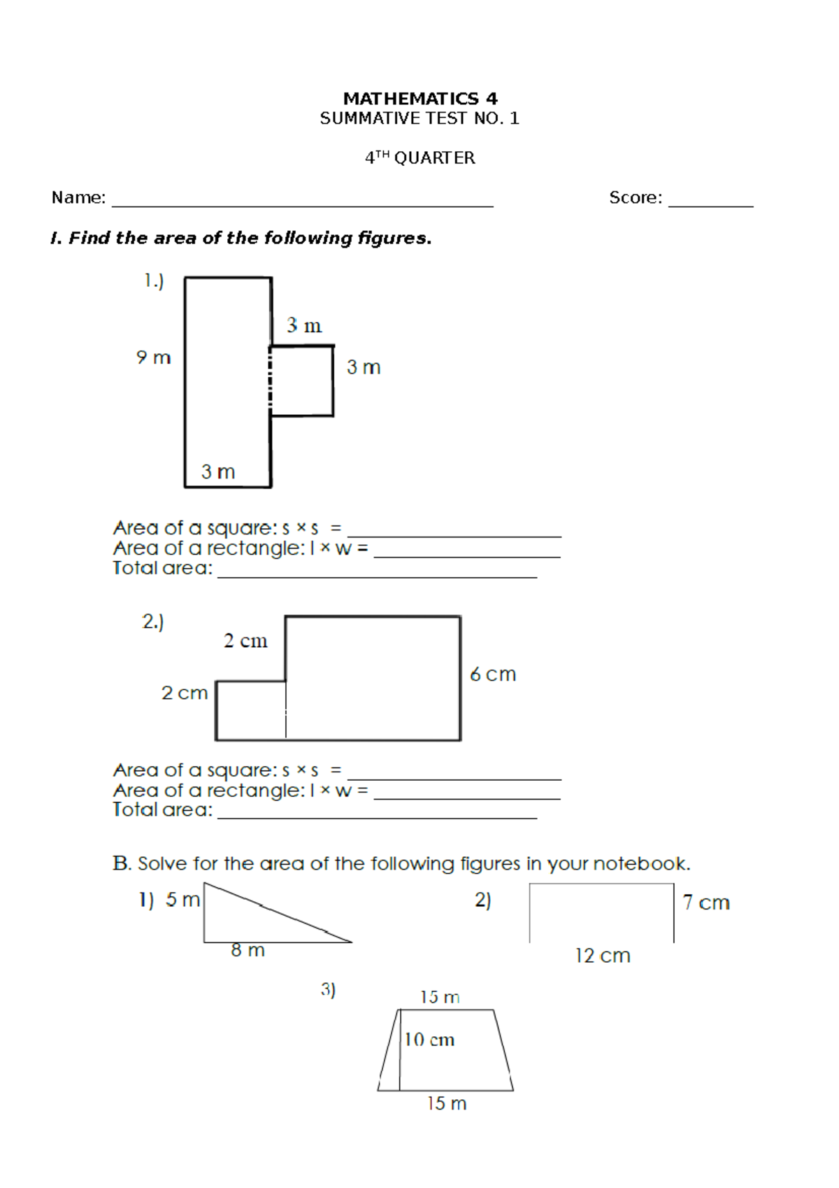 MATH Summative Test 1 4th Quarter - MATHEMATICS 4 SUMMATIVE TEST NO. 1 ...