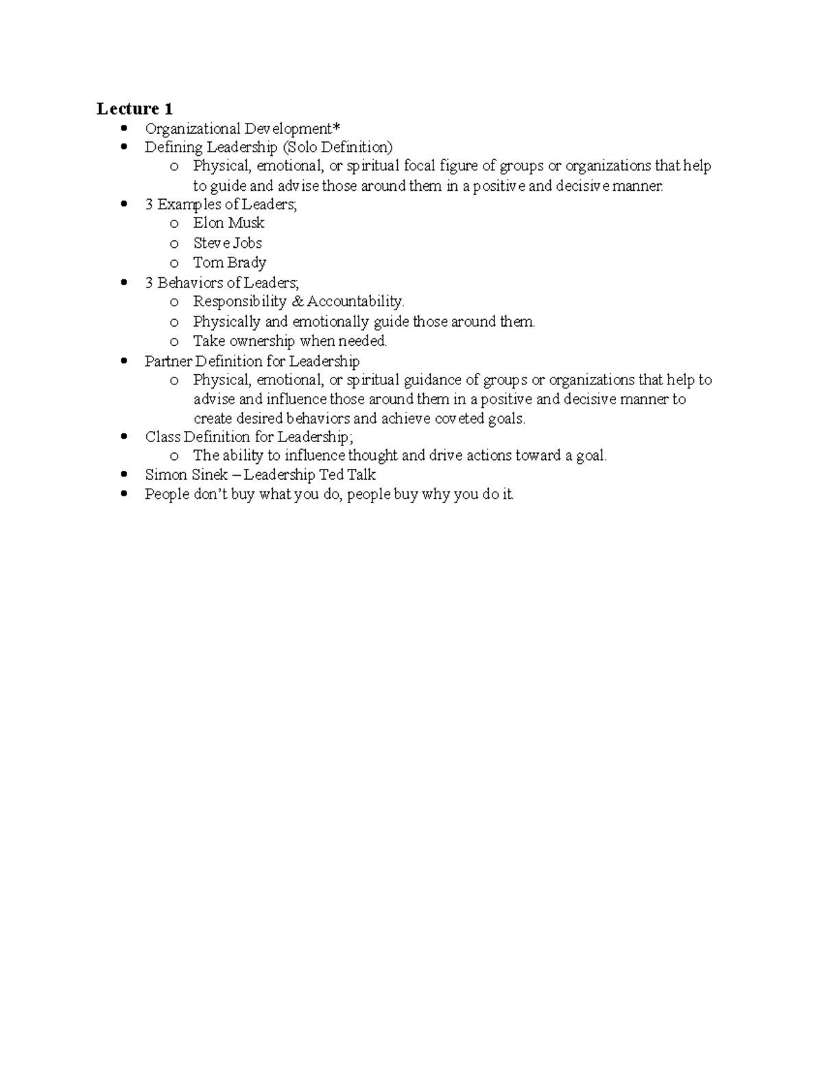 Lecture 1 - Lecture 1 Organizational Development* Defining Leadership 