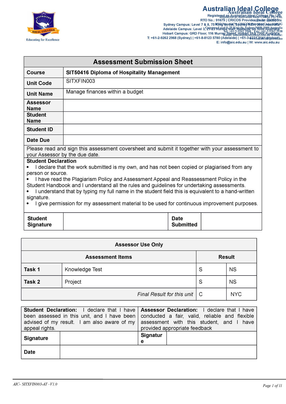 Sitxfin 003- Assessments- V1 task 1ejndjkend - Australian Ideal College ...