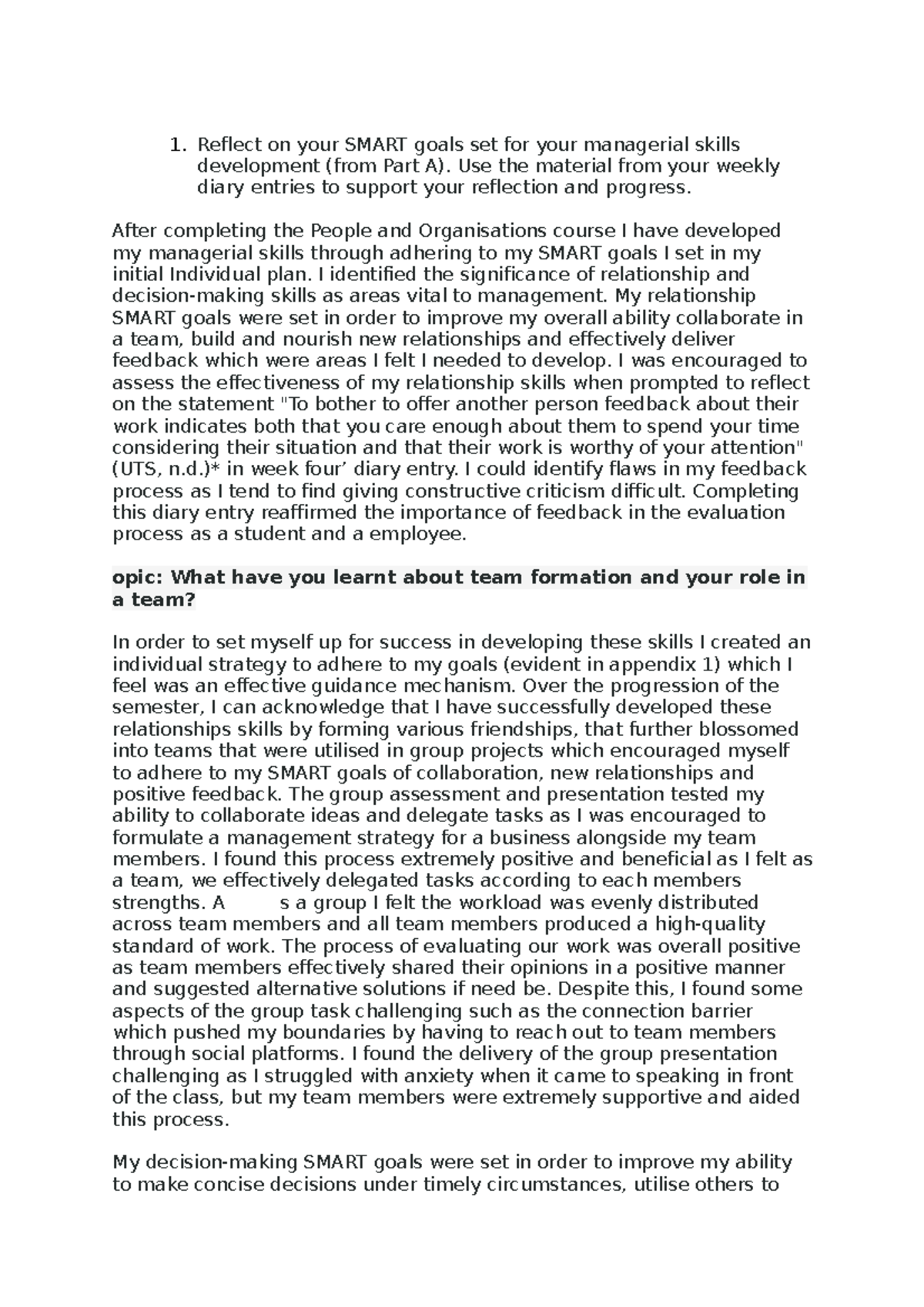 Individual part b - Reflect on your SMART goals set for your managerial ...