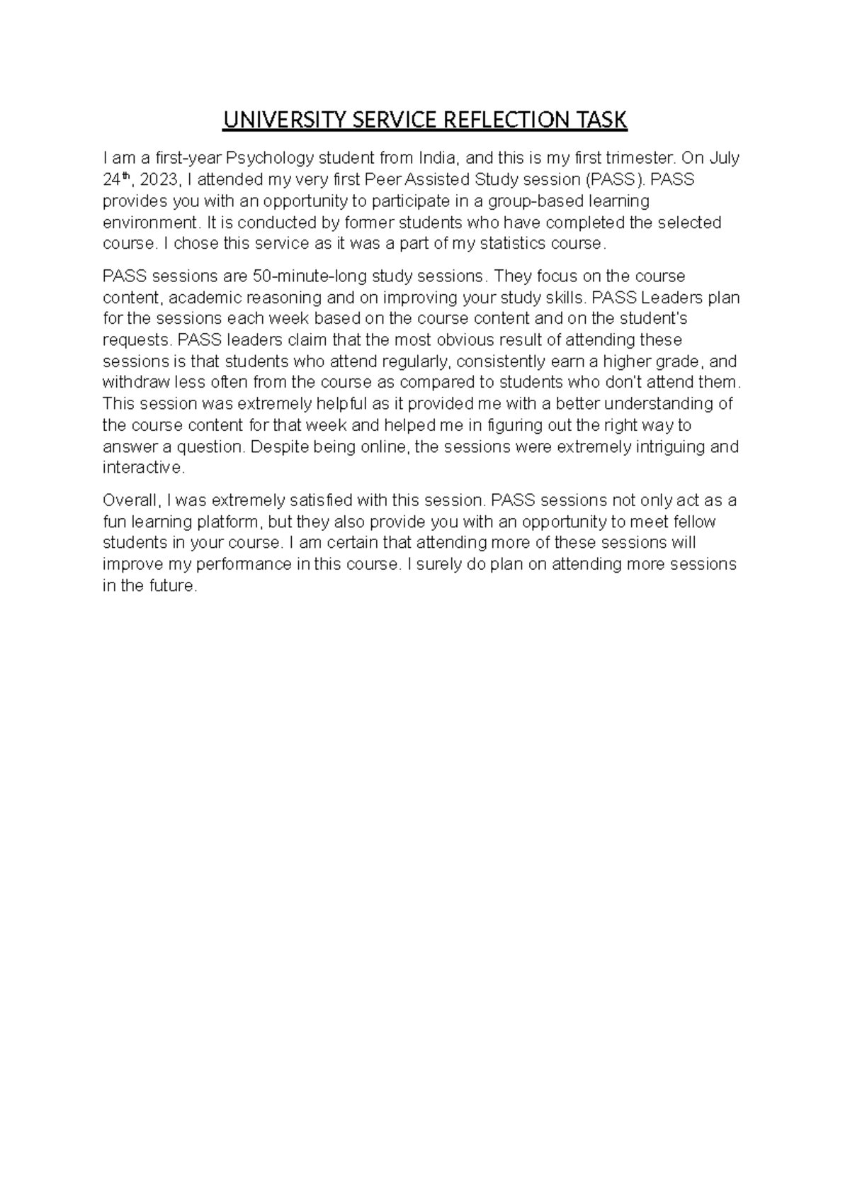 University Service Reflection TASK - UNIVERSITY SERVICE REFLECTION TASK ...