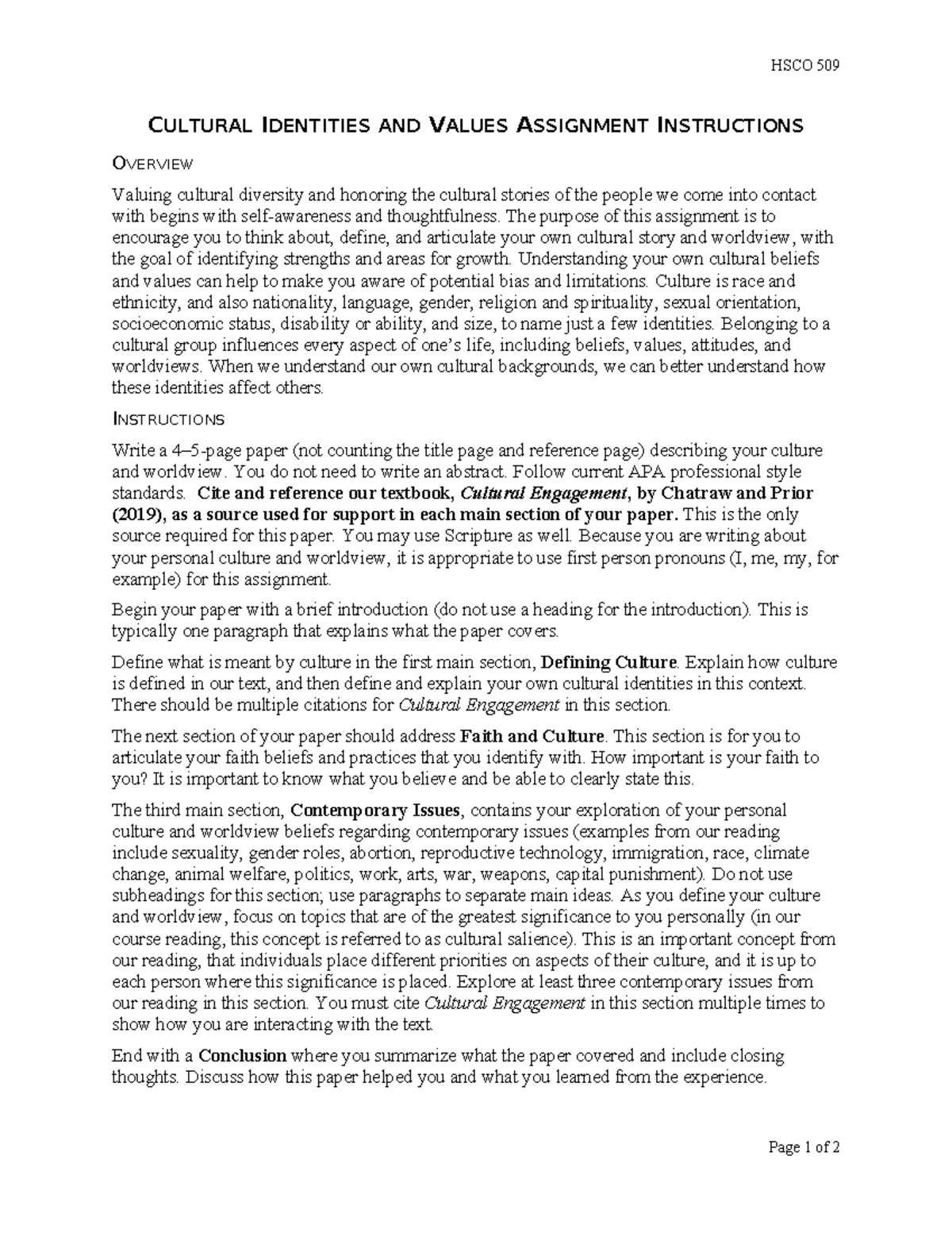 Cultural Identities and Values Assignment Instructions - HSCO 509 ...