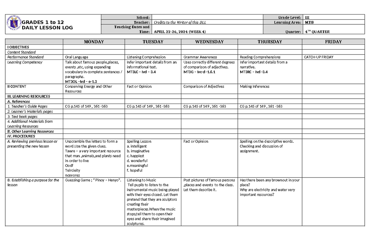 DLL MTB 3 Q4 W4 - Deped - GRADES 1 to 12 DAILY LESSON LOG School: Grade ...