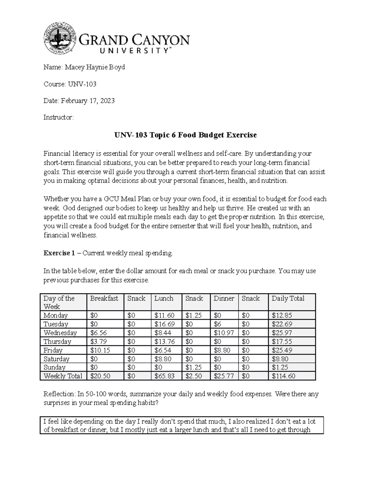 Unv 103 Food Budget Assignment Name Macey Haynie Boyd Course Unv