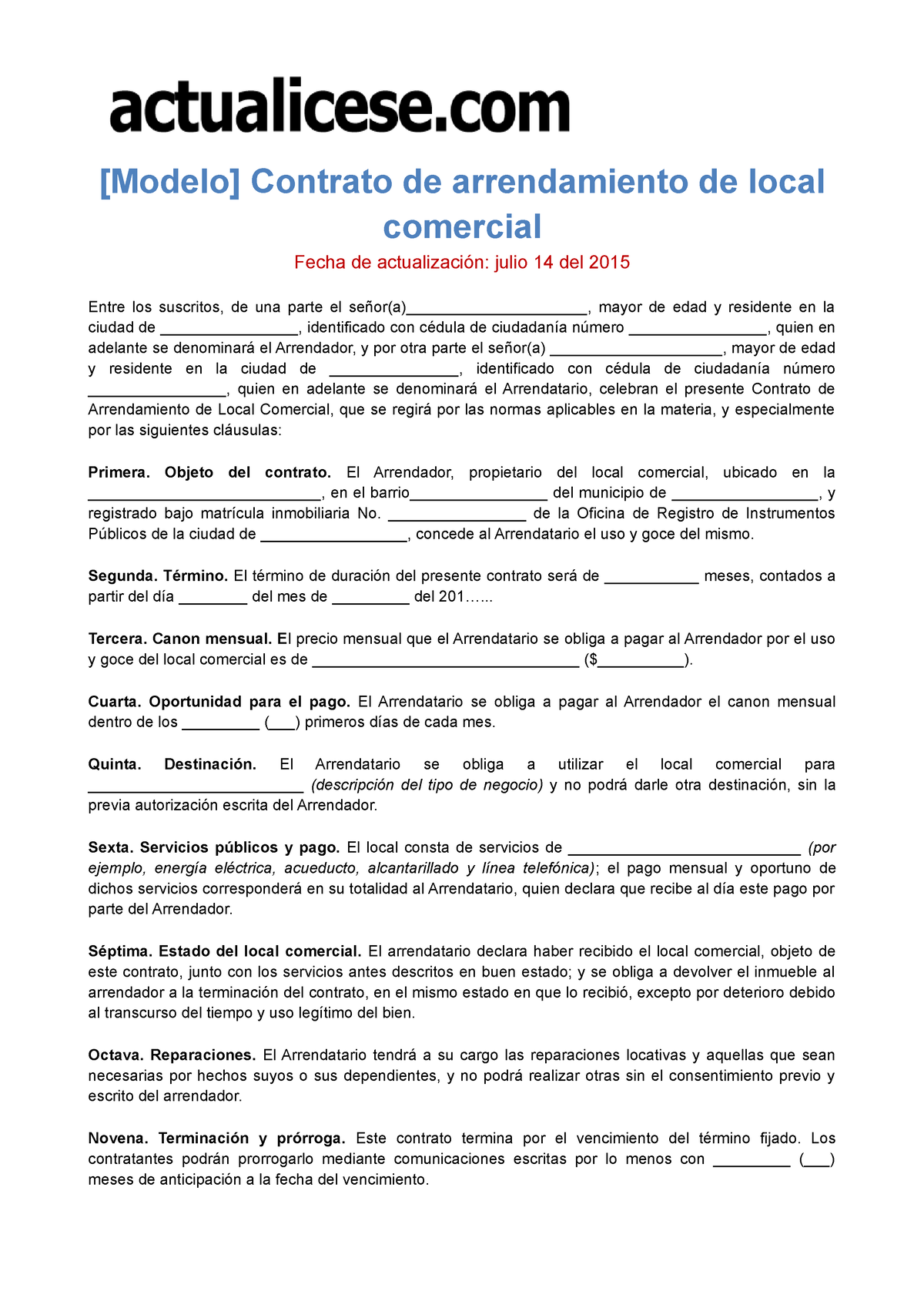 Modelo Contrato De Arrendamiento Local Comercial - [Modelo] Contrato De ...