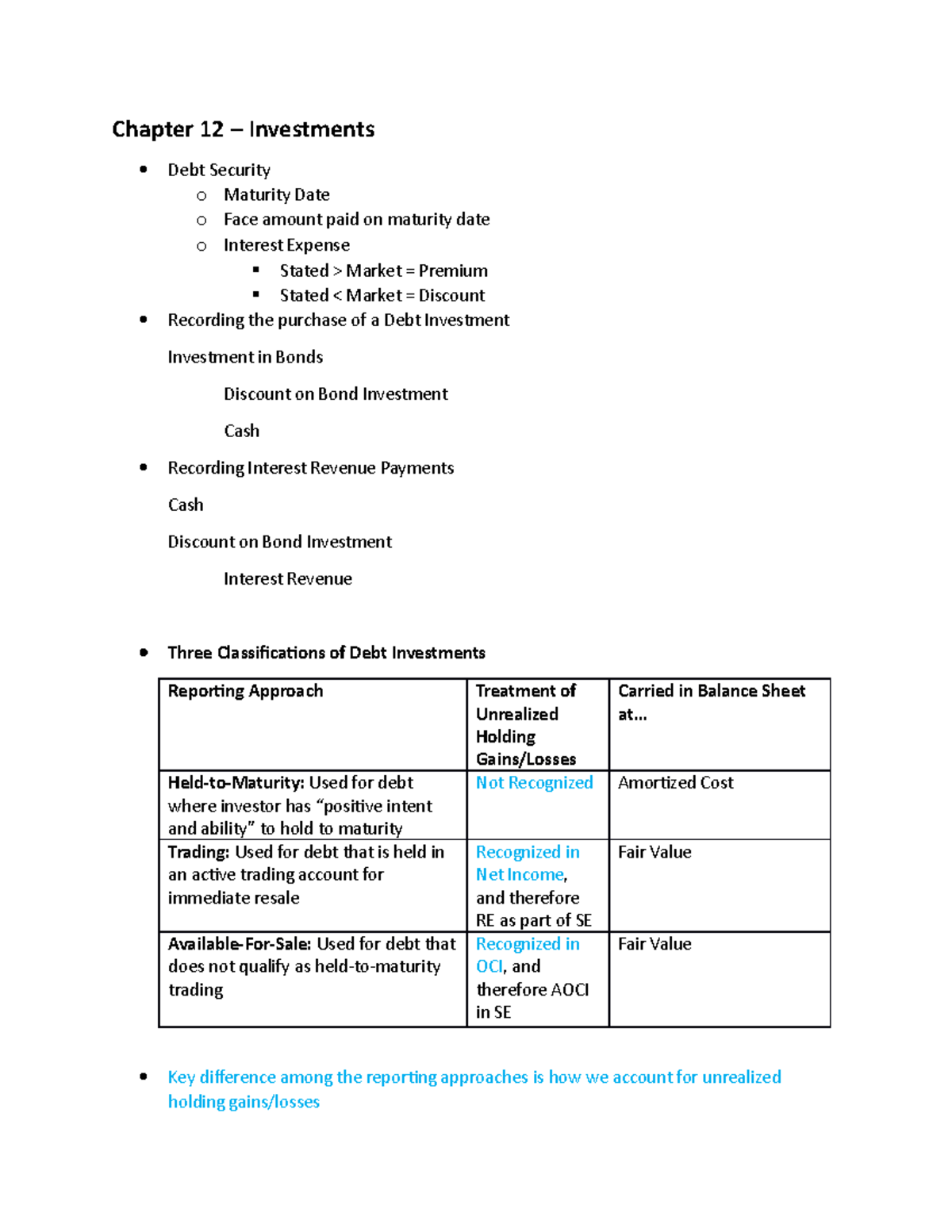 AC 310 Exam 3 Study Guide - Chapter 12 – Investments Debt Security o ...