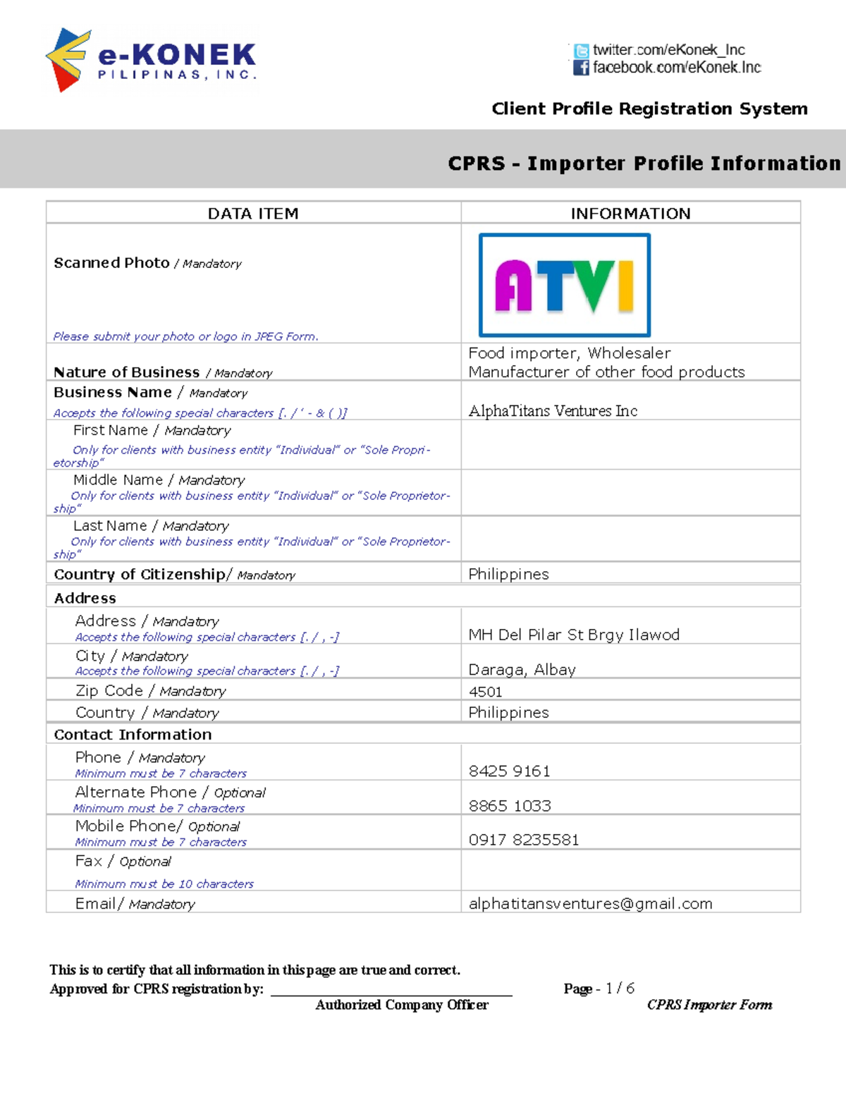 Ekonek Cprs Form - Crps Form - CPRS - Importer Profile Information DATA ...