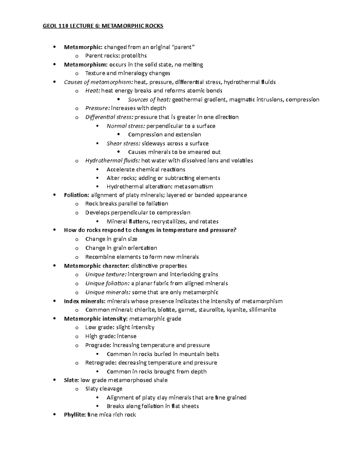 Geology 110 Lecture 6 Metamorphic Rocks - GEOL 110 LECTURE 6 ...