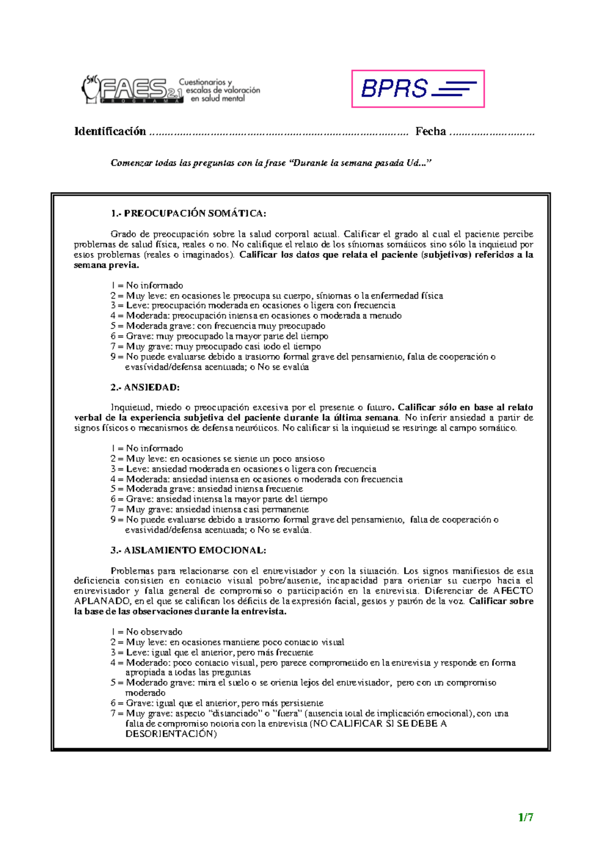 Test-BPRS - Escala Breve de Evaluación Psiquiátrica - Identificación ...
