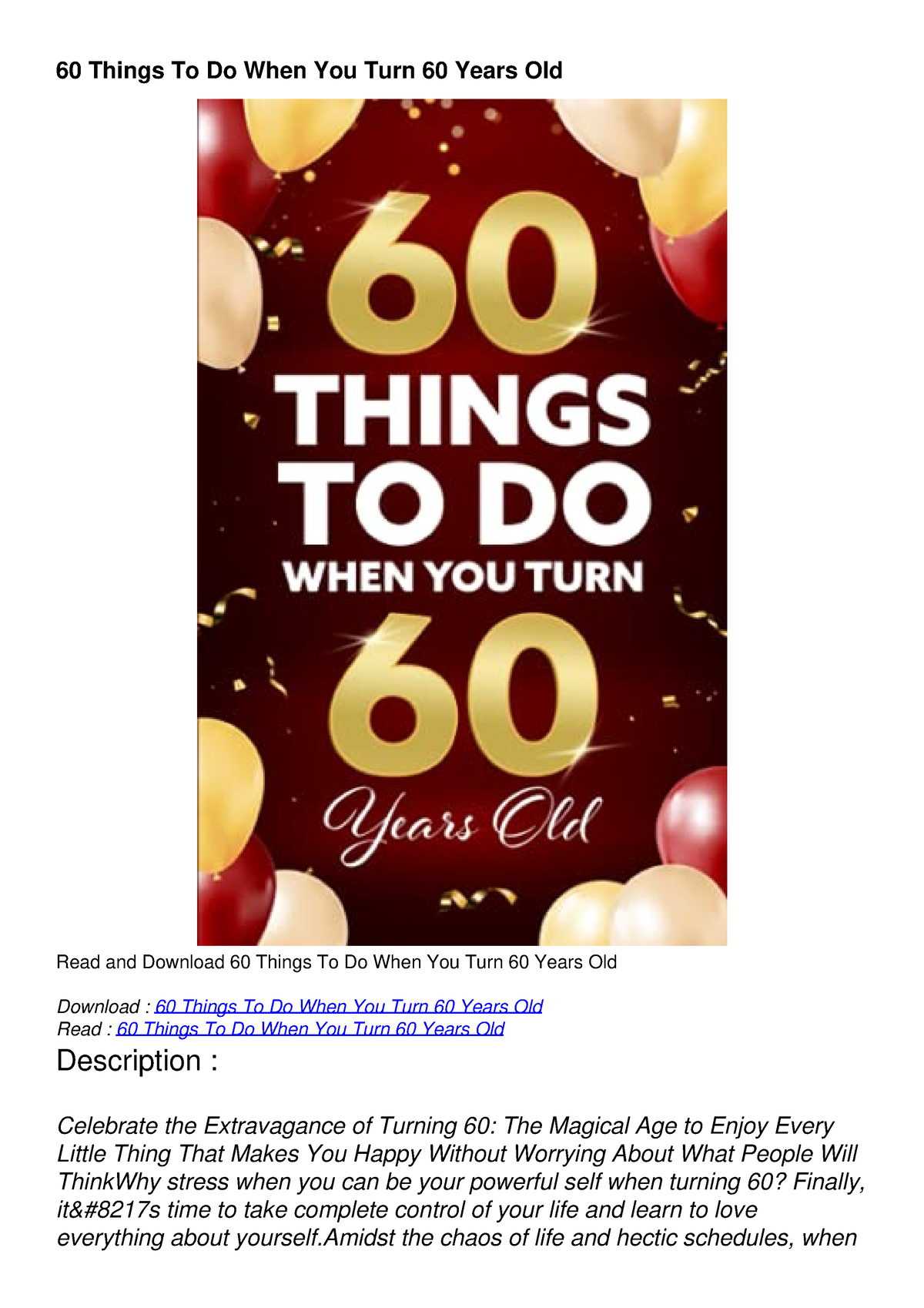 Read Book 60 Things To Do When You Turn 60 Years Old Full Download 60 Things To Do When You