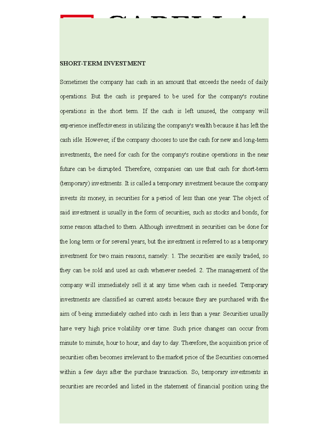 Notes Study Accounting - Short-TERM Investment - SHORT-TERM INVESTMENT ...