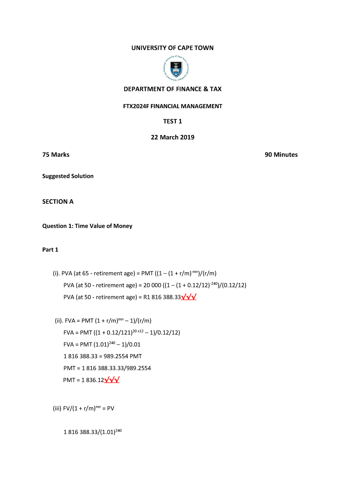 FTX2024F - 2019 Test 1 Solution - FTX2024F - UCT - Studocu