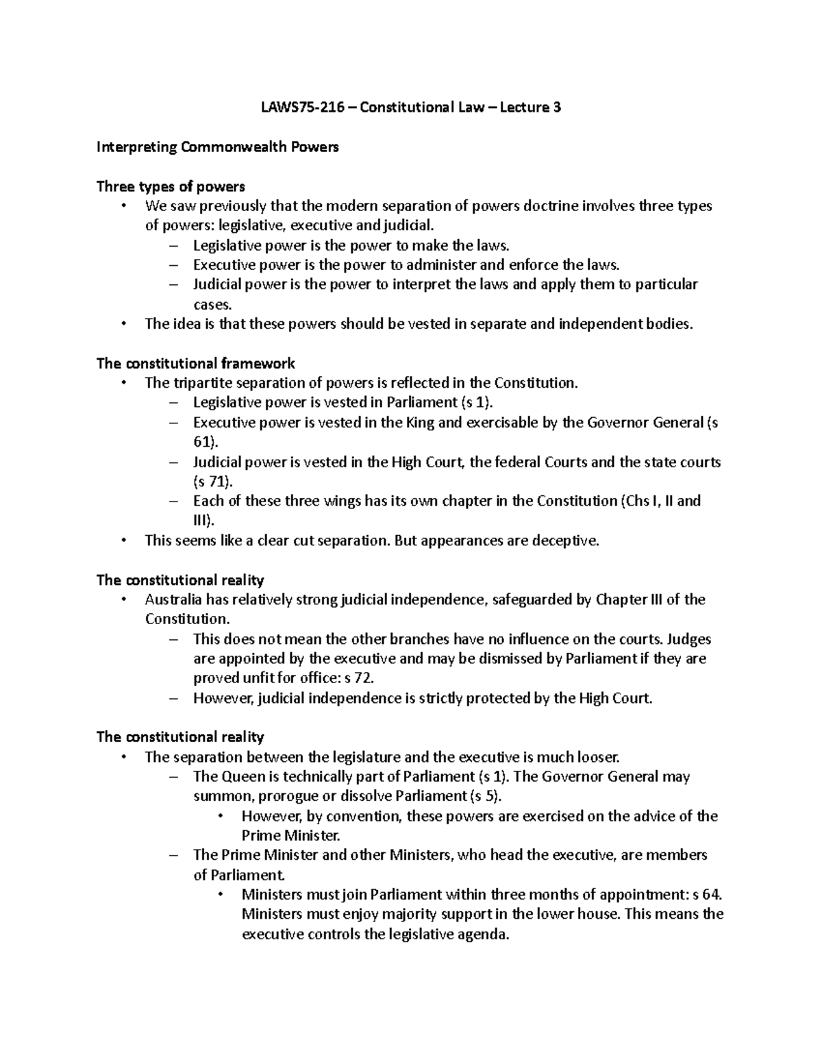 Consti Law - Lecture 3 - LAWS75-216 – Constitutional Law – Lecture 3 ...