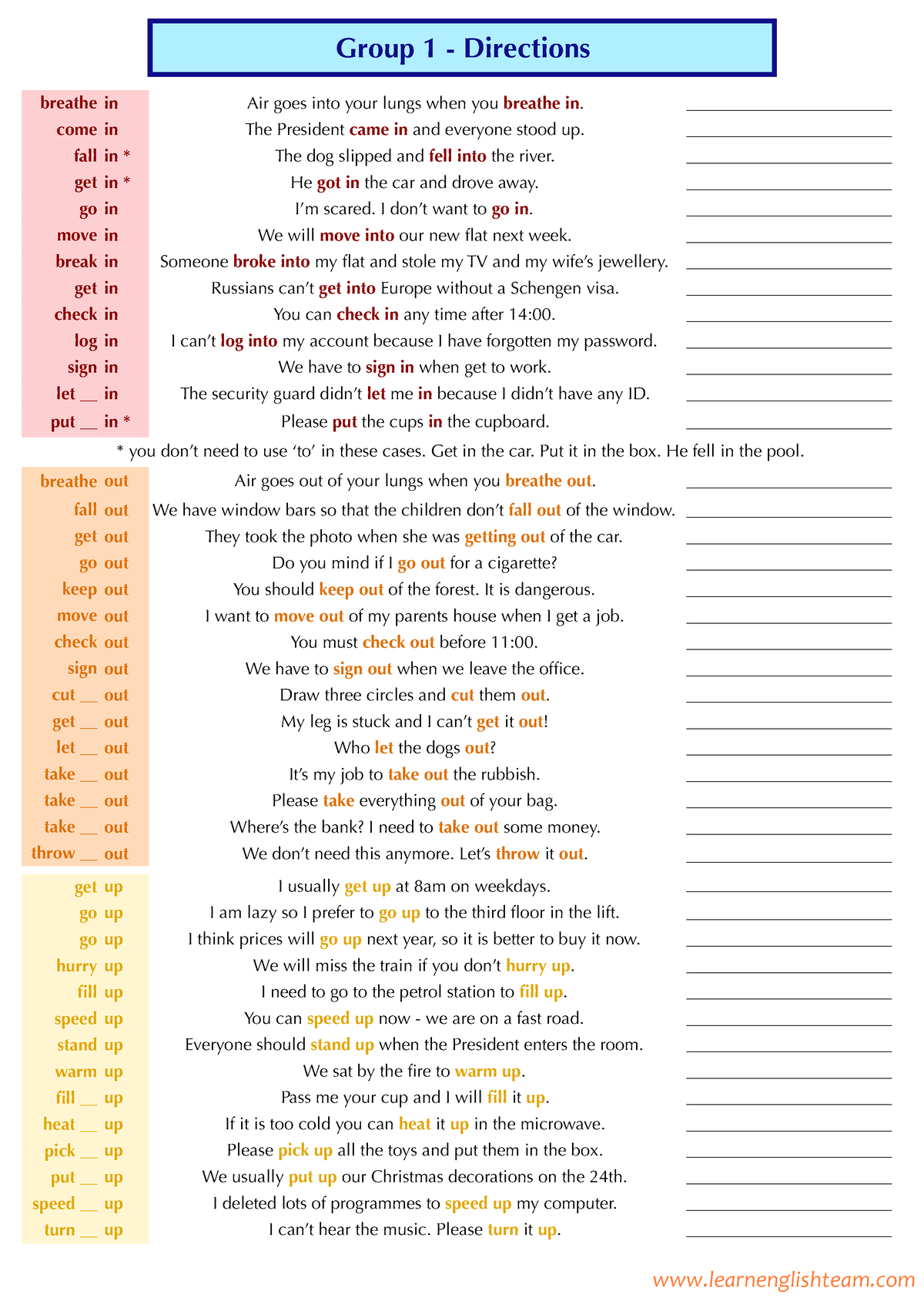 Phrasal verbs for Routine Uses for Beginners - breathe in Air goes into ...