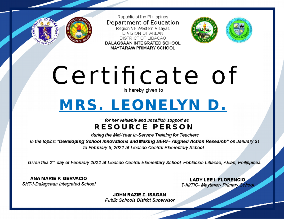 Inset Certificate OF Merit S - Department of Education Region VI ...