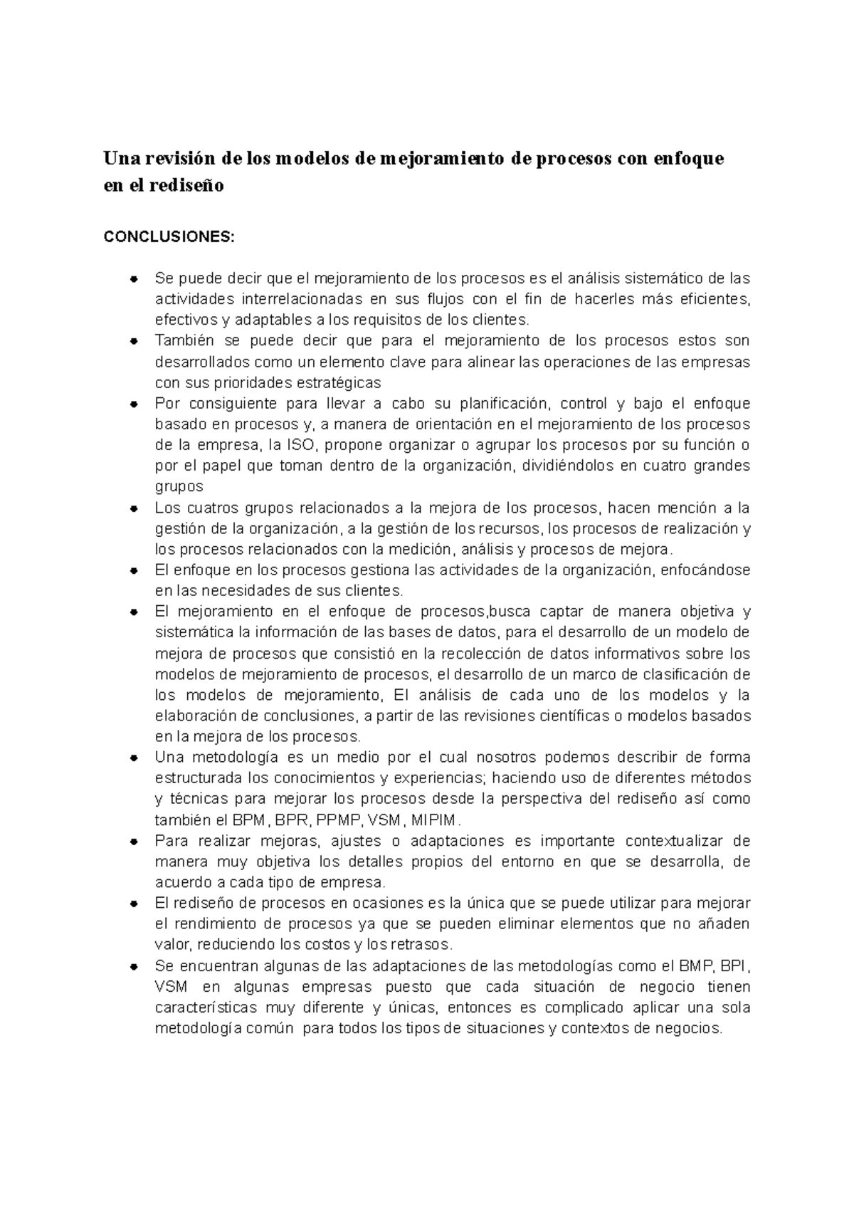 Conclusiones modelo de mejoramiento de procesos - Una revisión de los ...