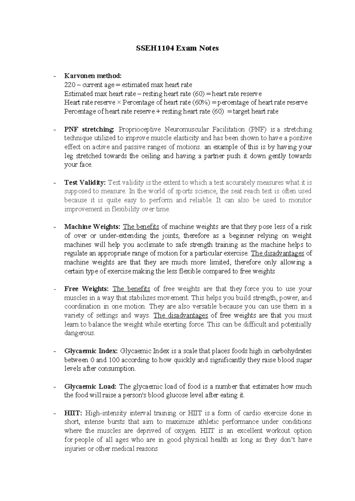 SSEH1104 Exam Notes - mmk - SSEH1104 Exam Notes Karvonen method: 220 ...