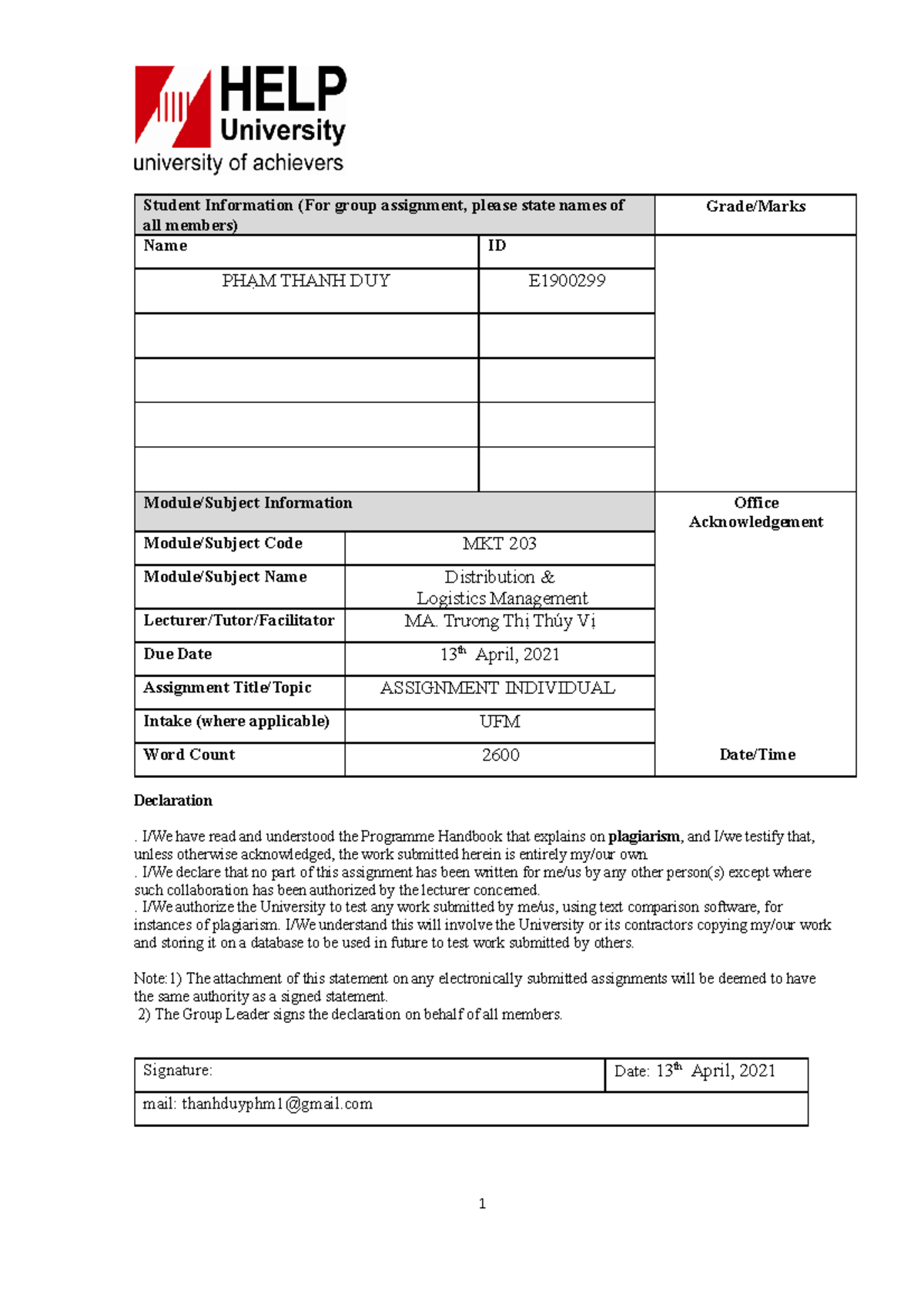 MKT203 INDIVIDUAL ASSIGNMENT - Student Information (For group ...