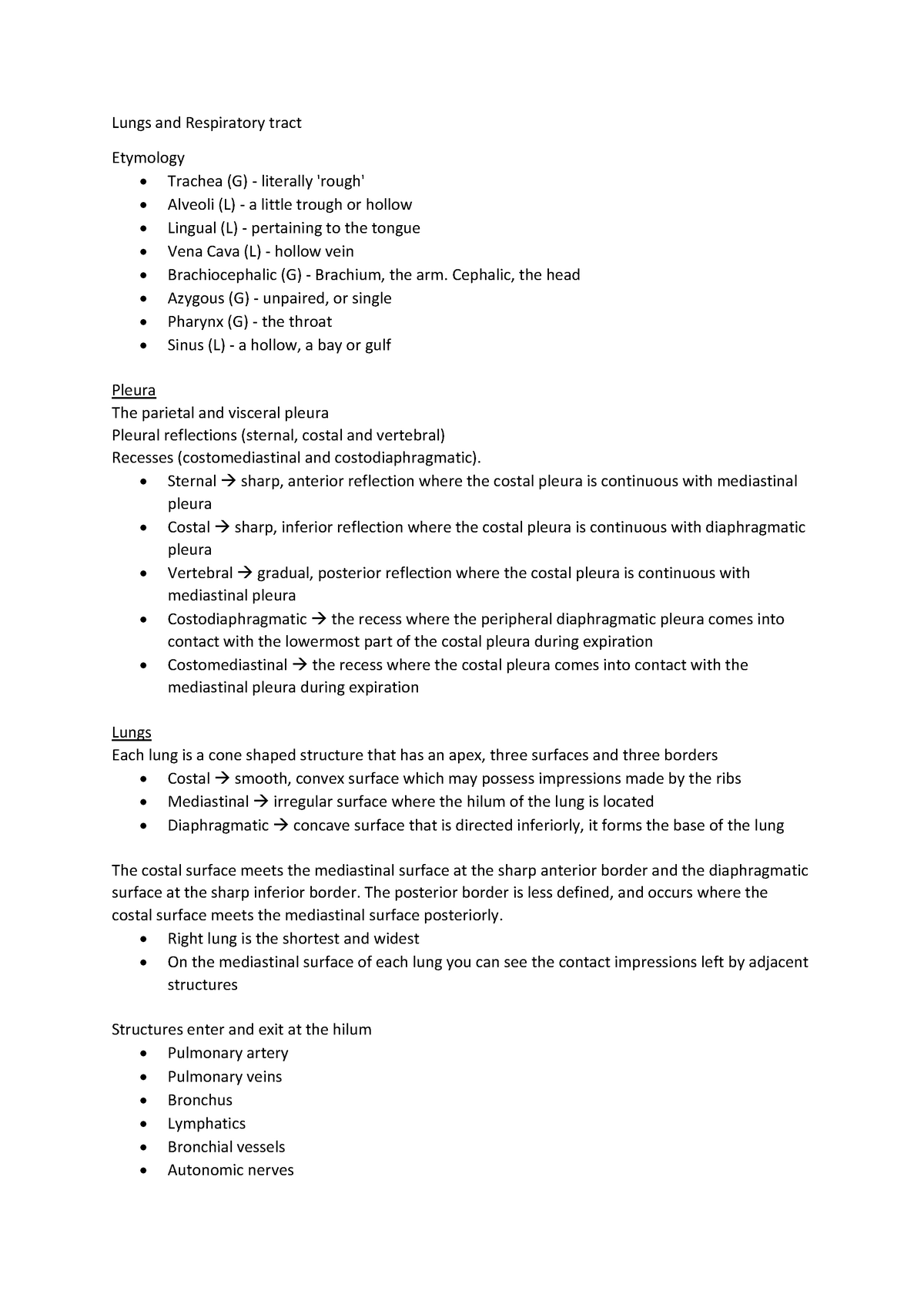 Lecture notes - all lectures on anatomy - Lungs and Respiratory tract ...