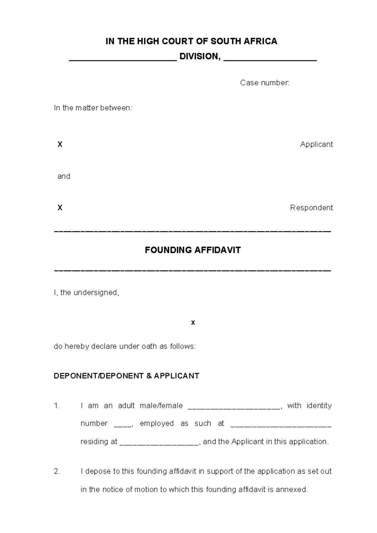 Founding Affidavit IN THE HIGH COURT OF SOUTH AFRICA 
