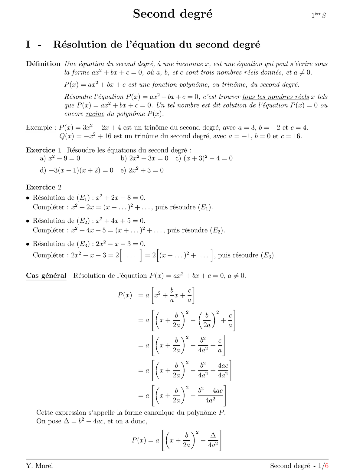 Le Second Degre Cours 2 1 - Second Degr ́e 1 `ere S I - R ́esolution De ...