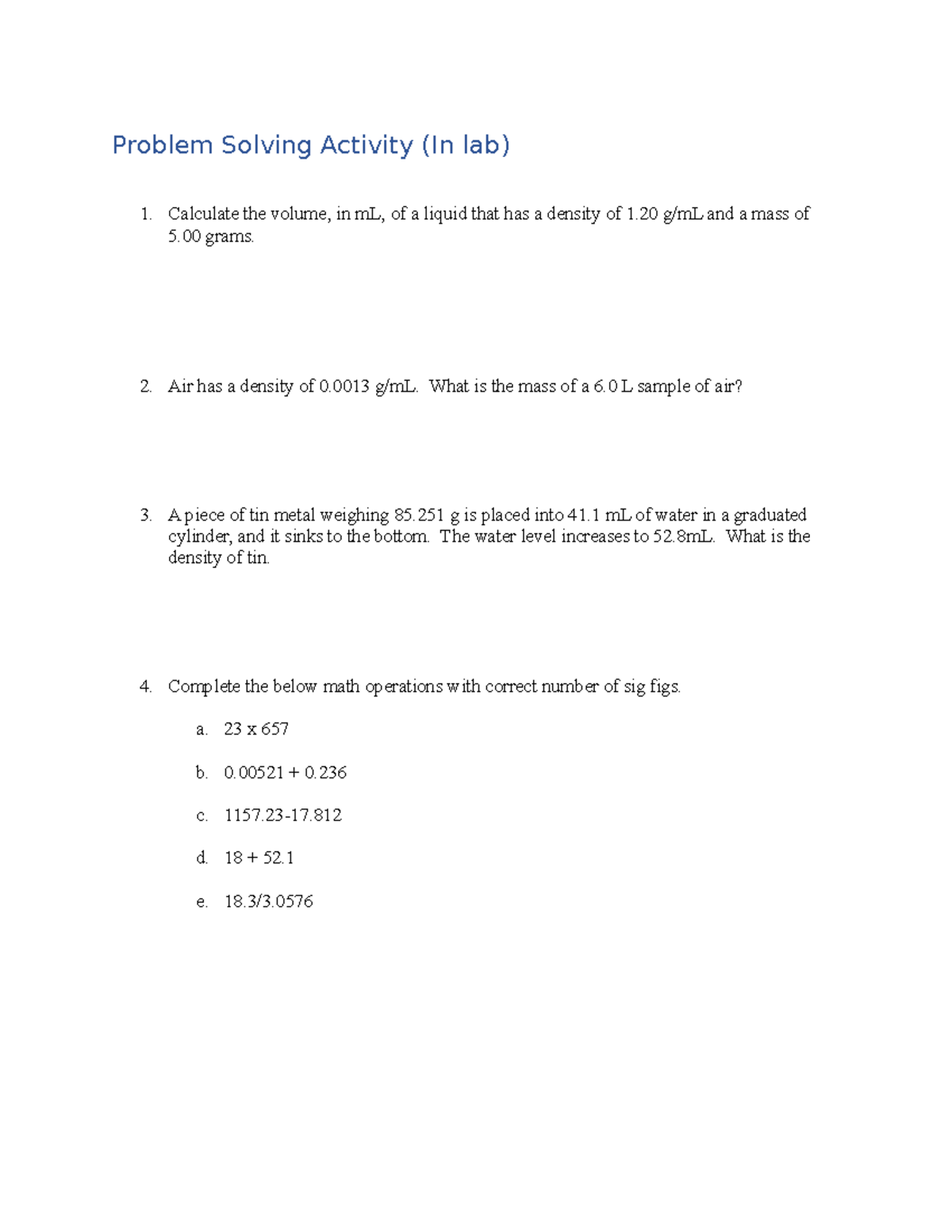 02 Problem Solving Activity Matter And Density Problem Solving Activity In Lab Calculate The 4753