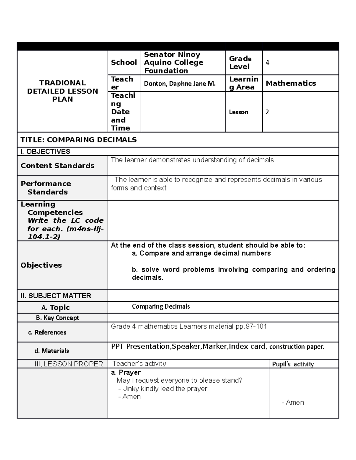 Traditional lesson plan - TRADIONAL DETAILED LESSON PLAN School Senator ...