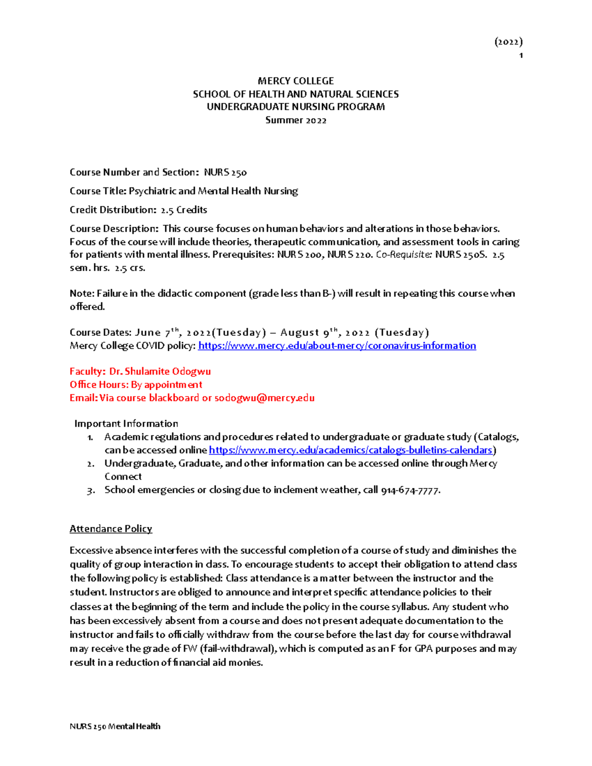 NURS 250 Summer 2022 Syllabus - 1 MERCY COLLEGE SCHOOL OF HEALTH AND ...