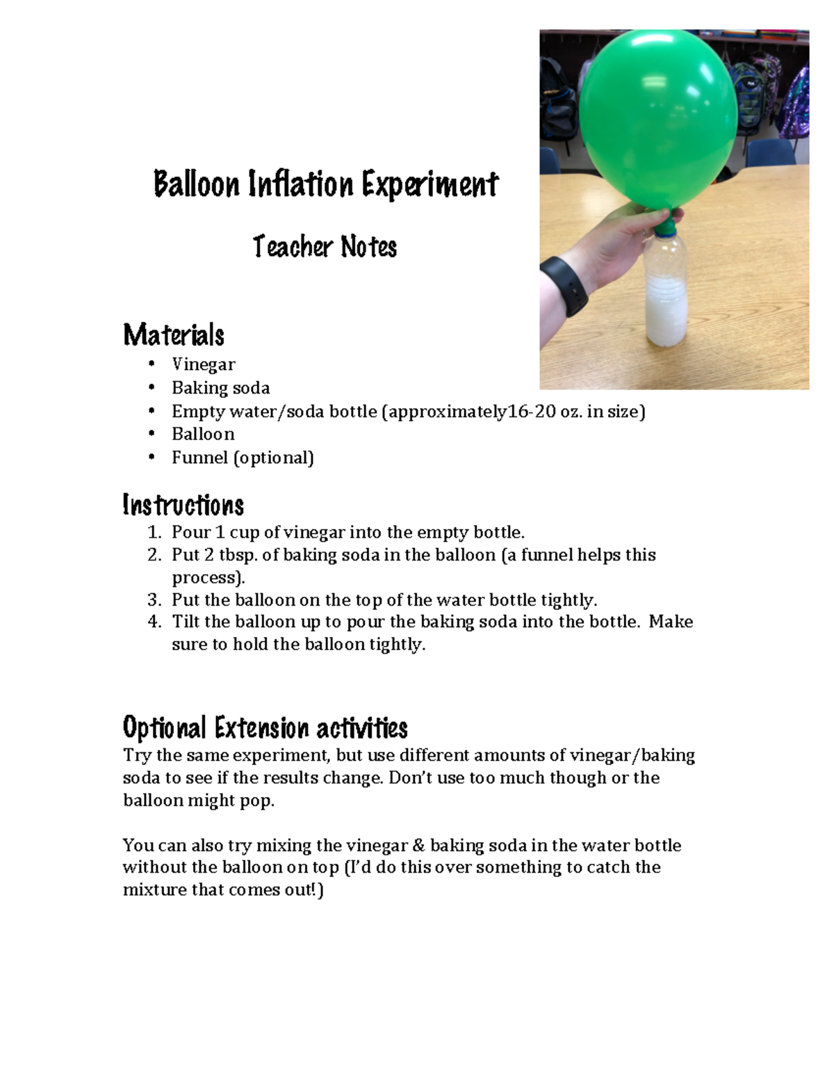 Balloon Inflation Experiment - Balloon Inflation Experiment Teacher ...