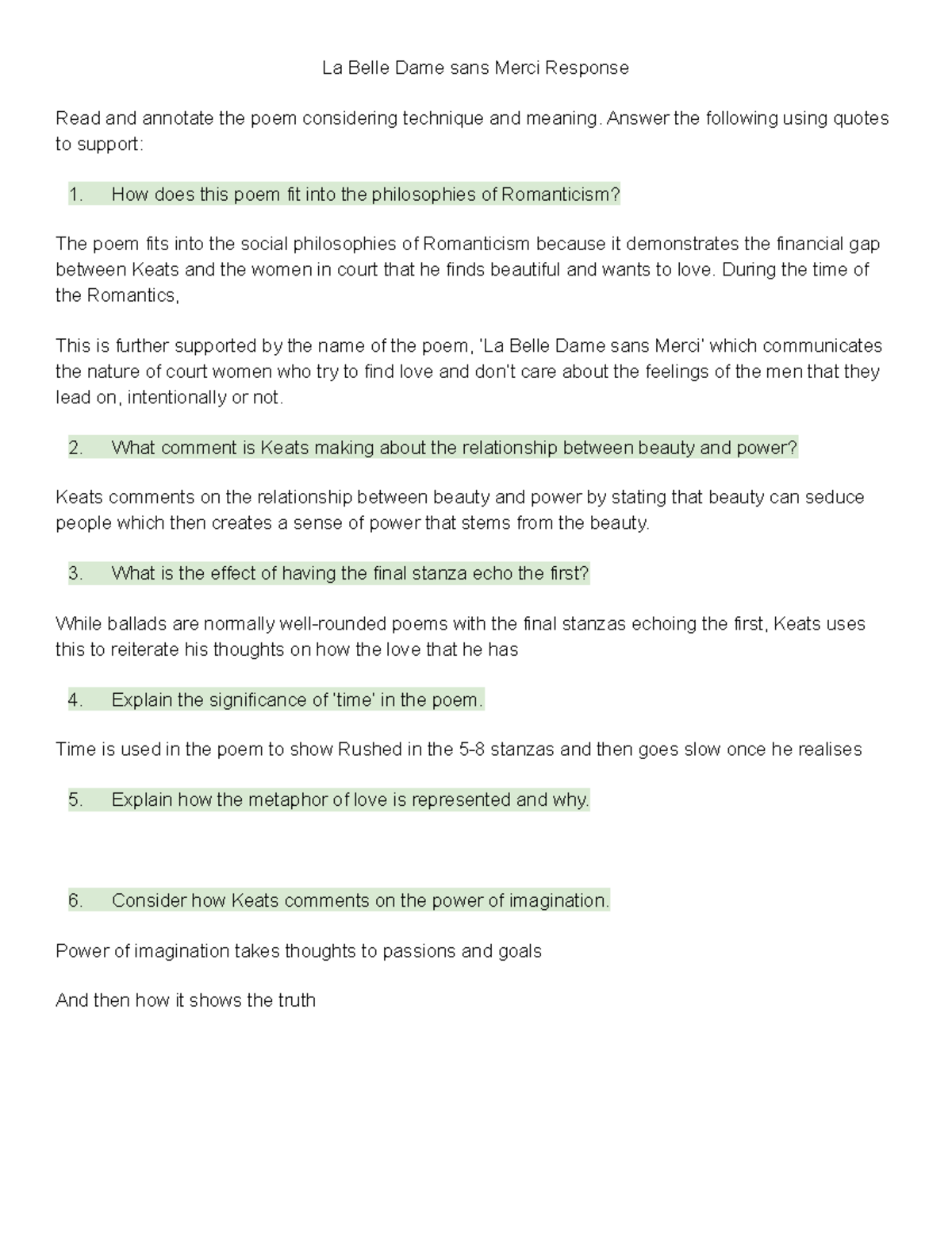 La Belle Dame sans Merci questions and answers English Advanced HSC