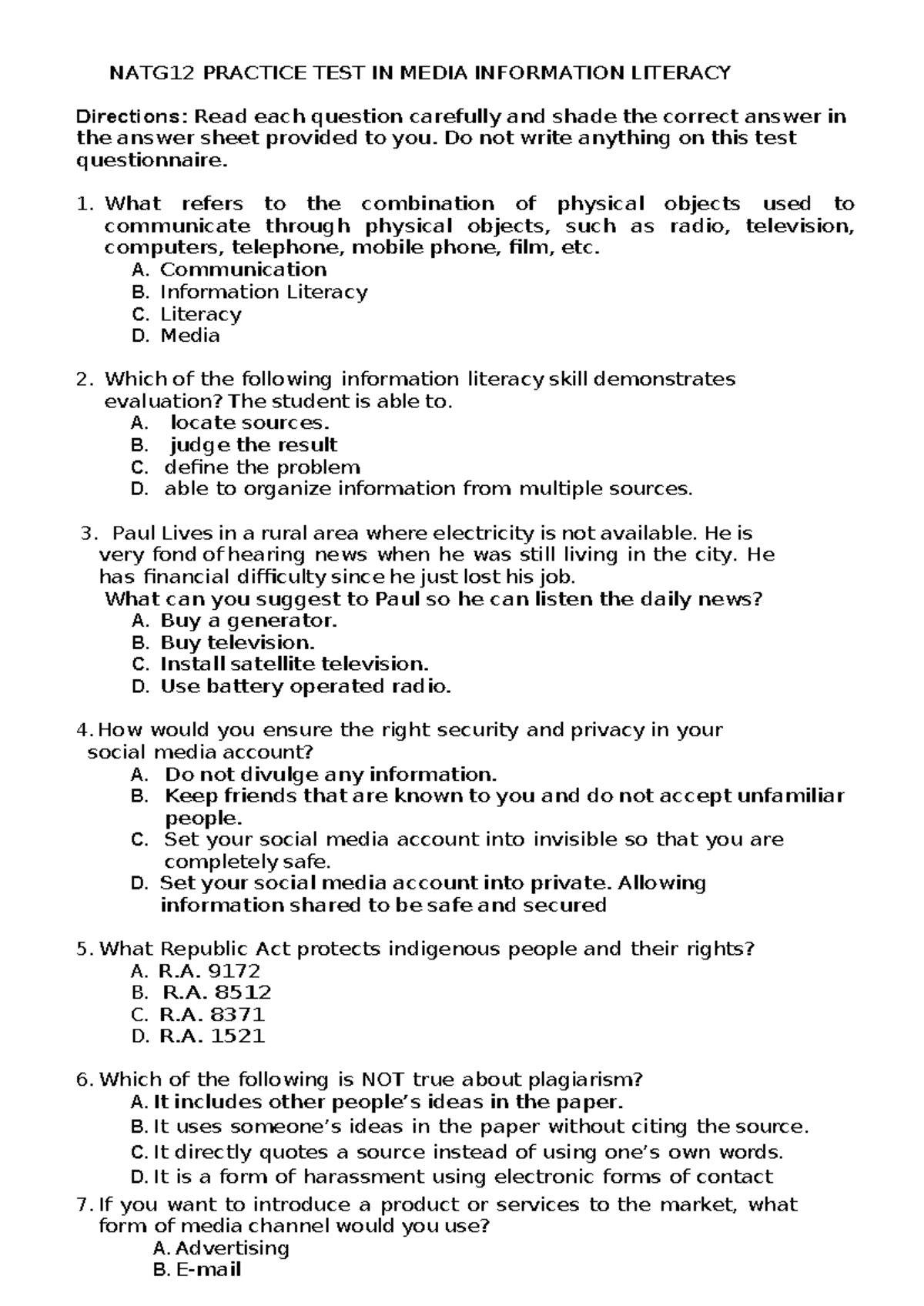 Media AND Information Literacy - NATG12 PRACTICE TEST IN MEDIA ...