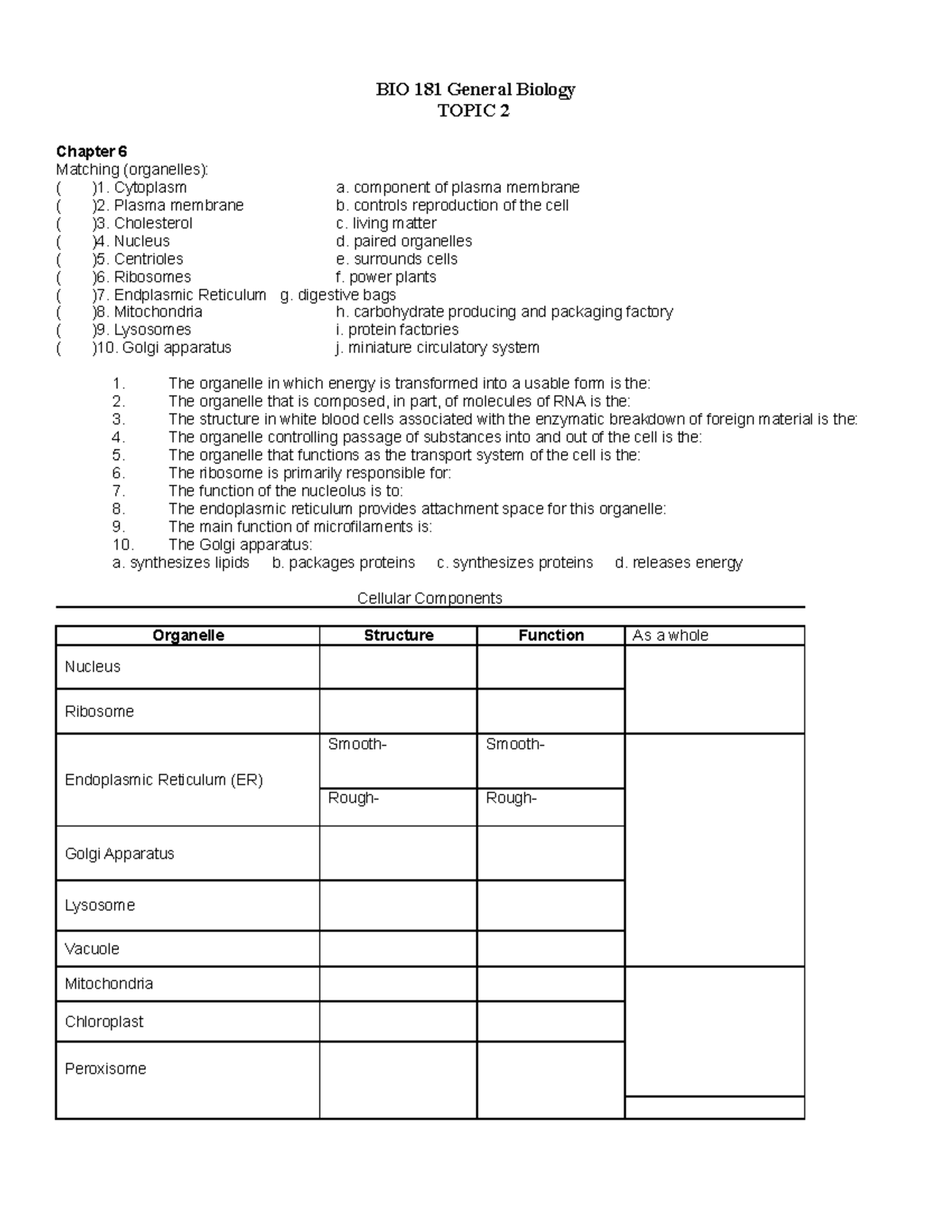 HW- CH 6 Worksheet - Hw - BIO 181 General Biology TOPIC 2 Chapter 6 ...