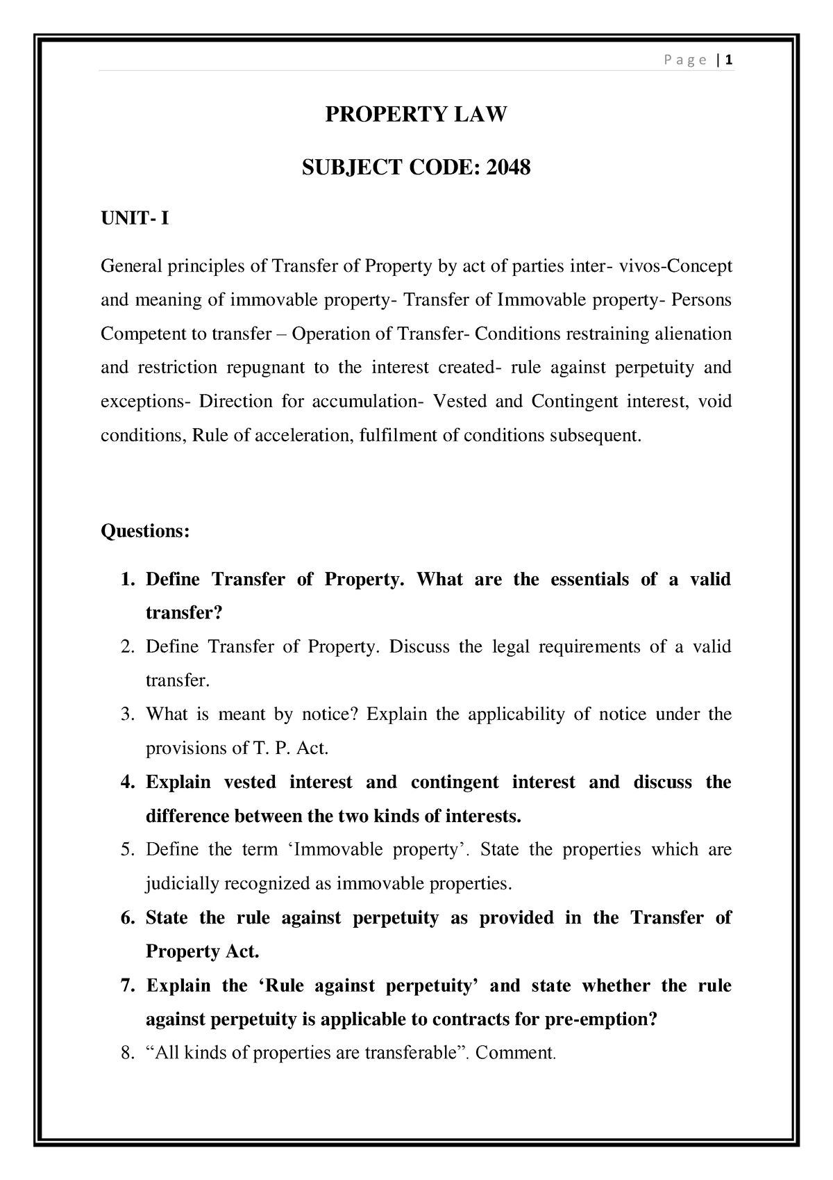 Property Law Important Questions Warning Tt Undefined Function 32 Property Law Subject Code 5112