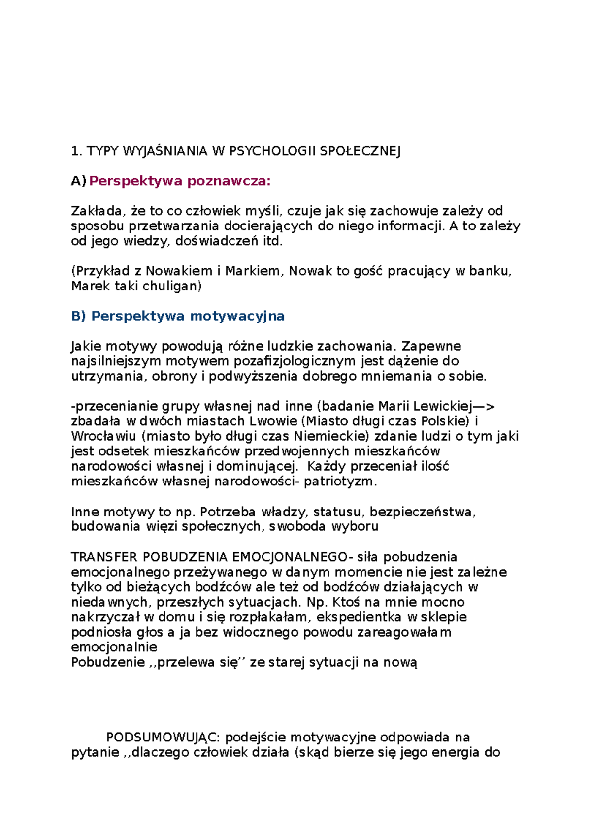 Notatka rodział 1 Wojciszke - 1. TYPY WYJAŚNIANIA W PSYCHOLOGII